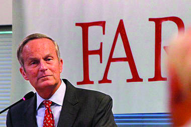 Todd Akin takes a question  at the Missouri Farm Bureau in Jefferson City, Mo. After his 'legitimate rape' comment, Akin has fallen behind by 10 points in the polls.
(AP Photo/St. Louis Post-Dispatch, Christian Gooden)