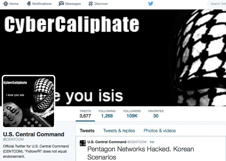The twitter site of the military's U.S. Central Command was taken over by hackers claiming to be working on behalf of the Islamic State militants. (AP Photo)