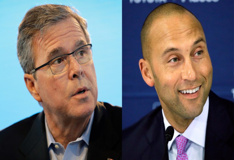 Former Florida Gov. Jeb Bush and former New York Yankees shortstop Derek Jeter are part of a group whose bid to purchase the Miami Marlins baseball team has been accepted. (AP)