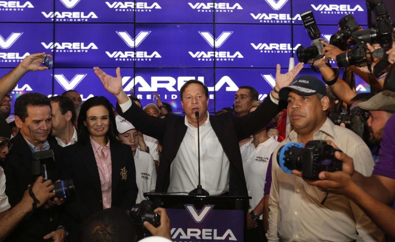 Juan Carlos Varela, Panama's president elect, delivers his acceptance speech in Panama City, Sunday, May 4, 2014.  Varela was declared the victor of Panama's presidential election, thwarting an attempt by former ally President Ricardo Martinelli to extend his grip on power by electing a hand-picked successor. (AP Photo/Arnulfo Franco)