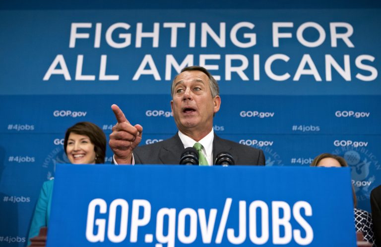   House Speaker John Boehner of Ohio, with Rep. Cathy McMorris Rodgers, R-Wash., the Republican Conference chair, left, speaks to reporters on Capitol Hill in Washington, Thursday, Sept. 26, 2013, after a closed-door strategy session. Pressure is building on Republicans over legislation to prevent a partial government shutdown, as the Democratic-led Senate is expected to strip a tea party-backed plan to defund the Affordable Care Act, popularly known as 