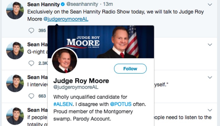 The handle @judgeroymooreAL has 186 followers and is not verified. (Screengrab)