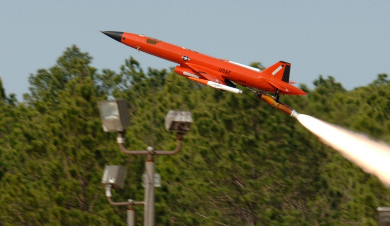 A BQM-167 Air Force Subscale Aerial Target is launched from Tyndall Air Force Base, Fla.  The drone provides a threat-representative target for the Air Force Weapon System Evaluation Program.