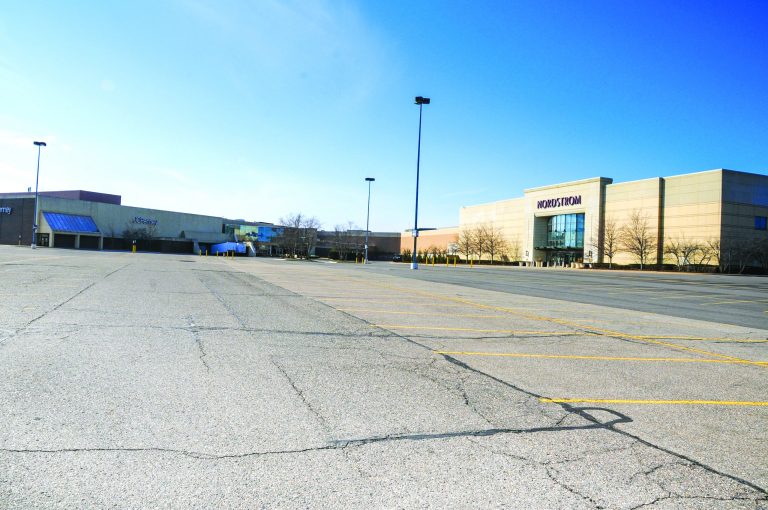 An empty parking lot is shown at a closed Nordstrom's store at Twelve Oaks Mall as the coronavirus pandemic continues in Novi, Michigan. 