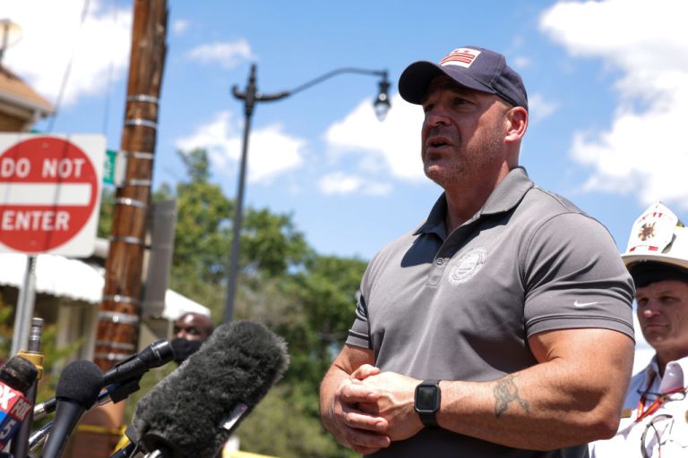 WASHINGTON, DC - JUNE 23: Chris Geldart, DC Acting Deputy Mayor for Public Safety and Justice, speaks at a news conference near a collapsed pedestrian bridge on June 23, 2021 in Washington, DC. At least six people were reportedly injured on Wednesday when a pedestrian bridge collapsed onto DC-295 and trapped a truck containing 500 pounds of diesel fuel.