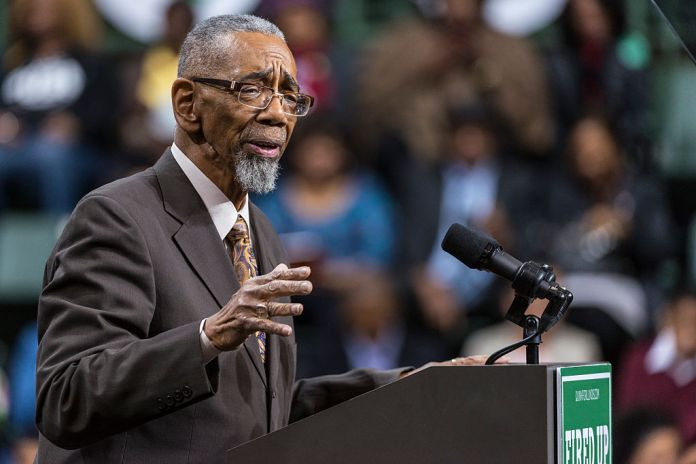 Illinois Rep. Bobby Rush speaks to the crowd at a rally in Chicago.