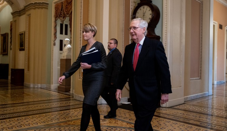 Senate Majority Leader Mitch McConnell walks into the Senate chamber in the U.S. Capito on January 28, 2020