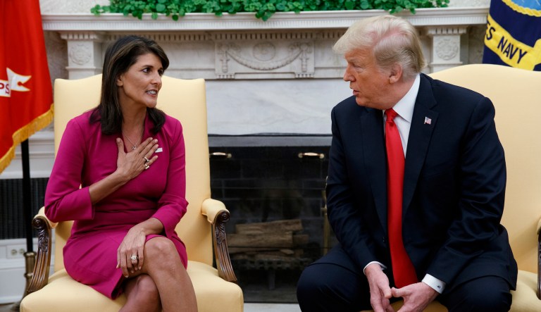 President Donald Trump meets with outgoing U.S. Ambassador to the United Nations Nikki Haley in the Oval Office of the White House, Tuesday, Oct. 9, 2018, in Washington.
