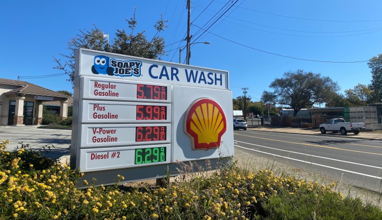 Despite gas prices declining, core inflation as gauged by the consumer price index is expected to have increased in July. This photo from California in March 2021 shows the high gas prices.