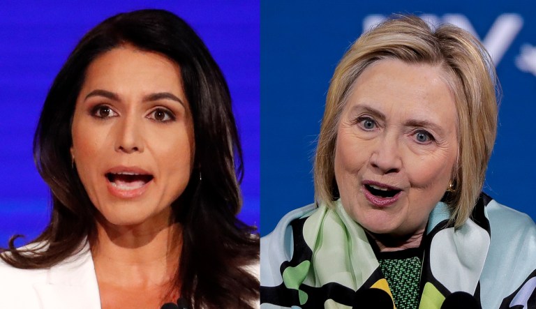 Pictured are Tulsi Gabbard, left, and Hillary Clinton, right.