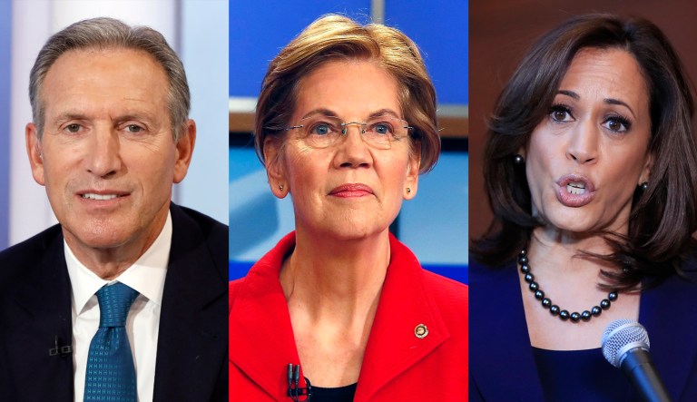 Howard Schultz, Elizabeth Warren, Kamala Harris