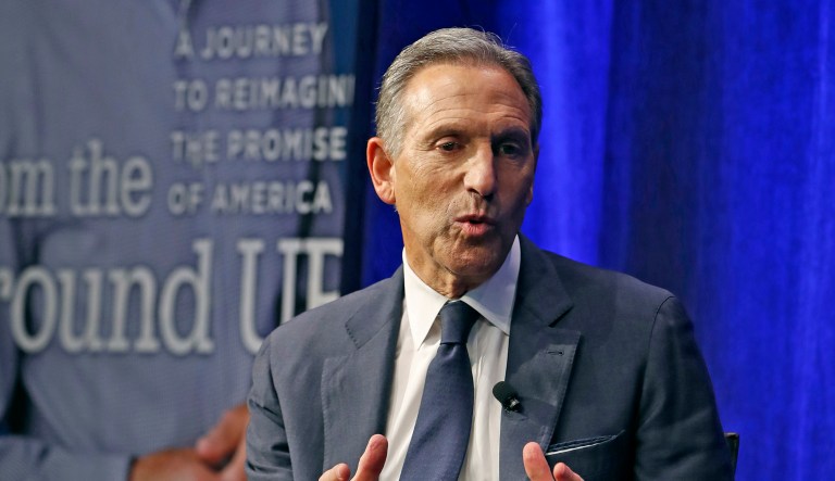 Former Starbucks CEO and Chairman Howard Schultz speaks during a book promotion tour, Monday, Jan. 28, 2019, in New York. Democrats across the political spectrum lashed out at the billionaire businessman on Monday after he teased the prospect of an independent 2020 bid, a move Democrats fear would split their vote and all but ensure President Donald Trump's re-election.