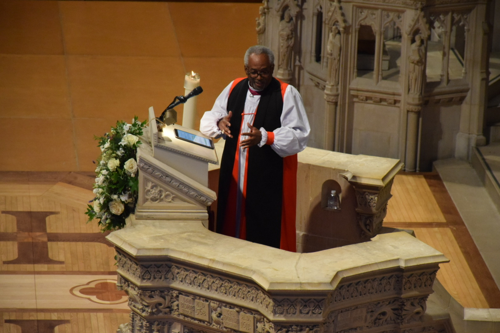 The Most Rev. Michael Bruce Curry, the presiding bishop of the Episcopal Church, speaks at the memorial service for Queen Elizabeth II at the Washington National Cathedral on Sept. 21, 2022.