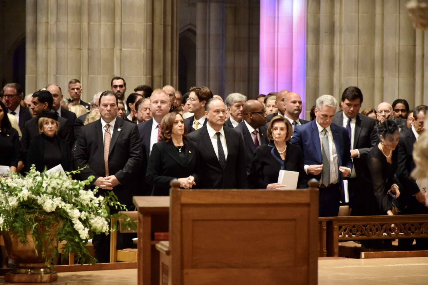 Vice President Kamala Harris, second gentleman Doug Emhoff, Speaker Nancy Pelosi, and House Minority Leader Kevin McCarthy, among others, attend the memorial service for Queen Elizabeth II at the Washington National Cathedral on Sept. 21, 2022.