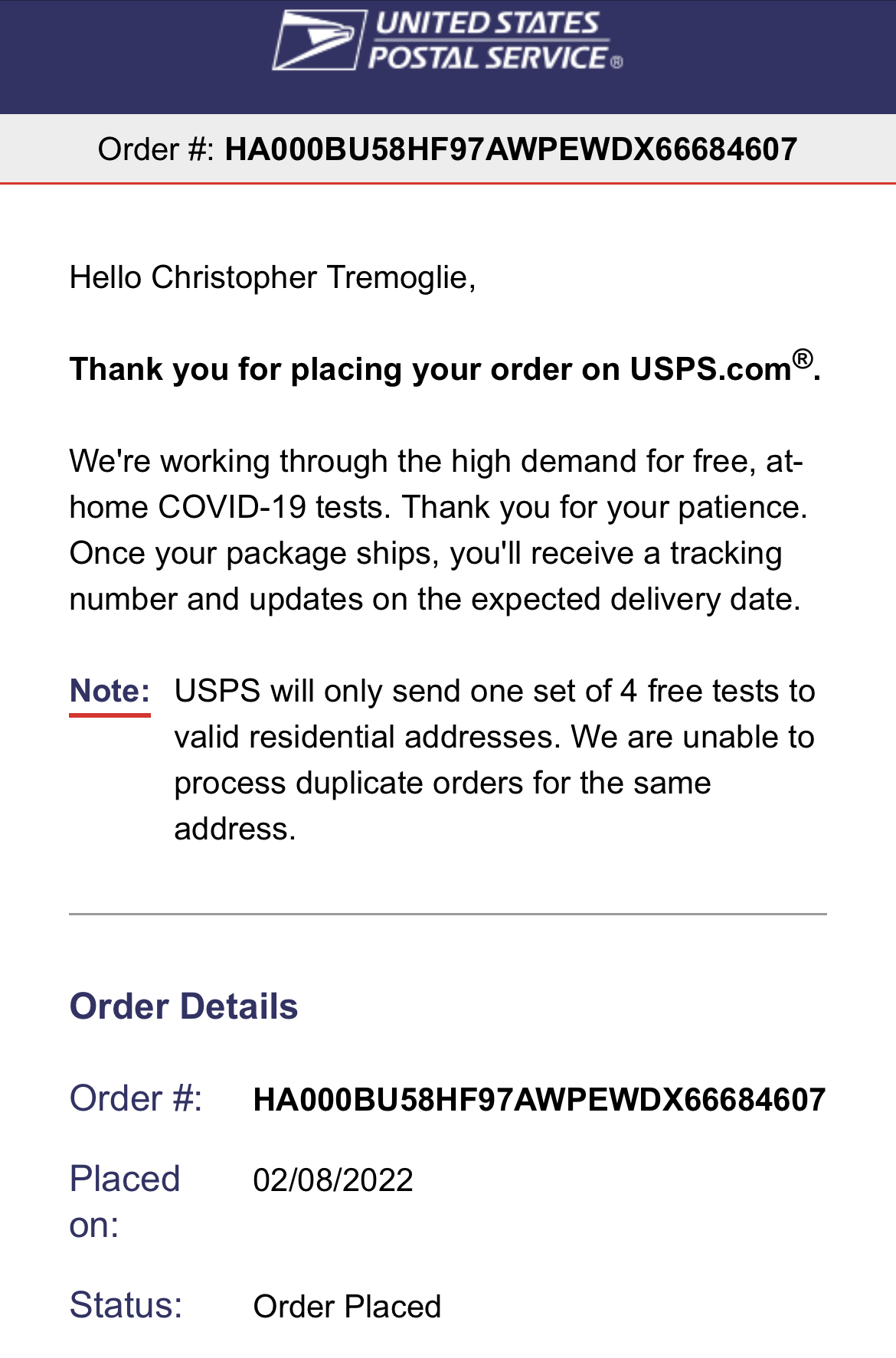 COVID test order