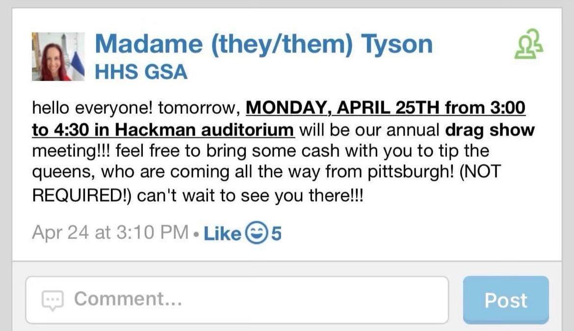 Message from teacher who organized drag queen show encouraging students to bring money to tip performers