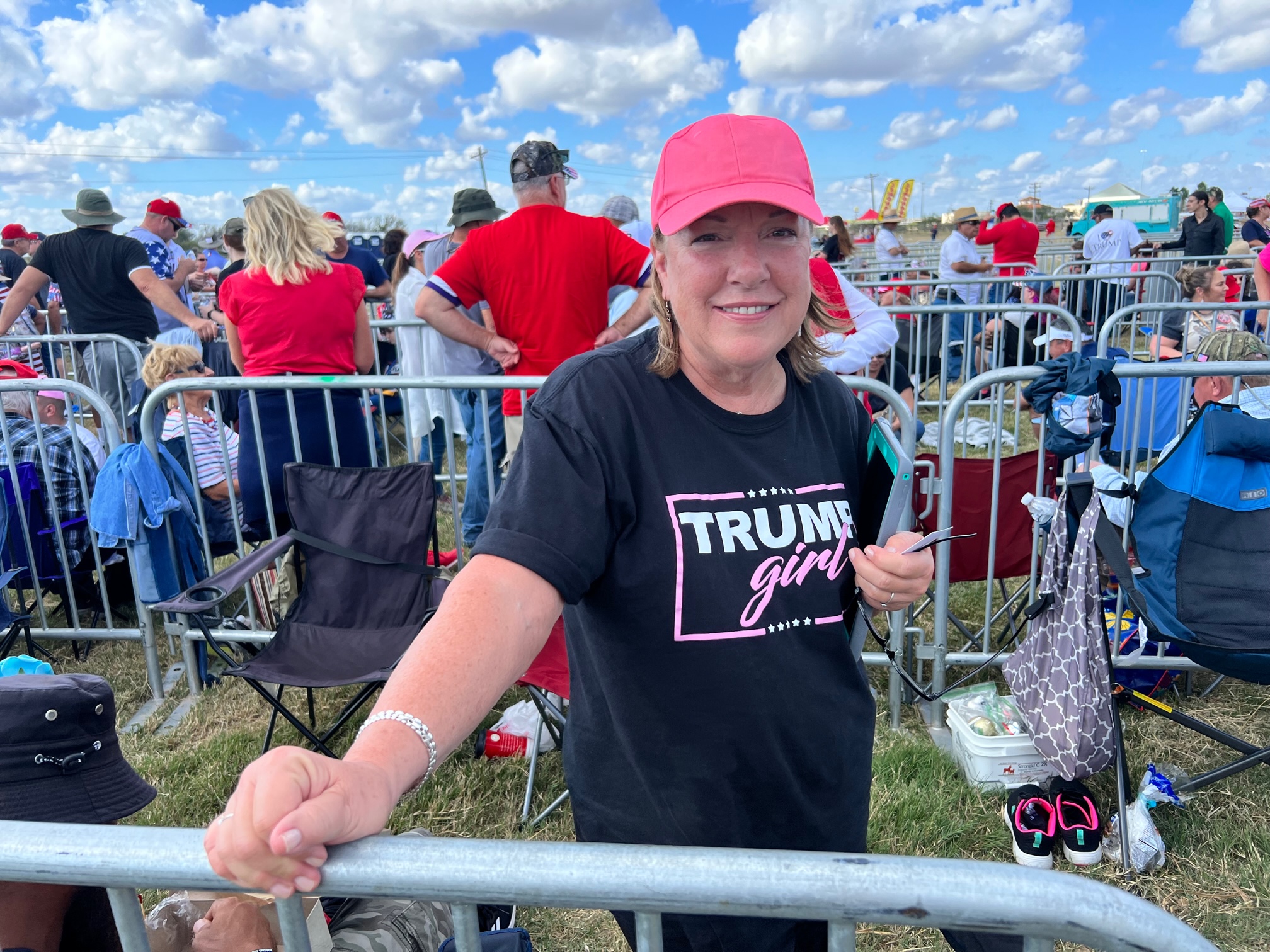 Kelly Brown of Dallas drove through the night to attend former President Donald Trump's rally in Robstown, Texas, October 22, 2022.
