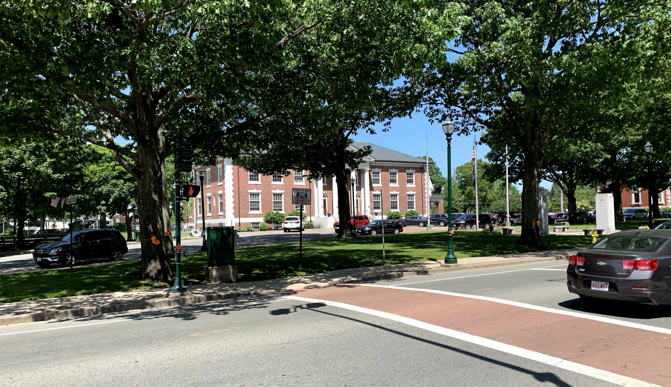 The local town hall is seen in Braintree, Massachusetts.