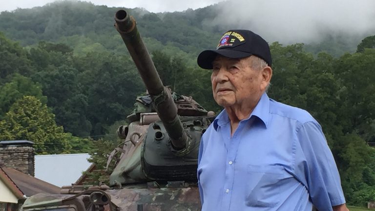 Retired U.S. Army Private First Class Reuben Taylor, 94, an original member of the 82nd Airborne Division who served in World War II, poses at the Cherokee Veteran's Park in Cherokee, North Carolina.