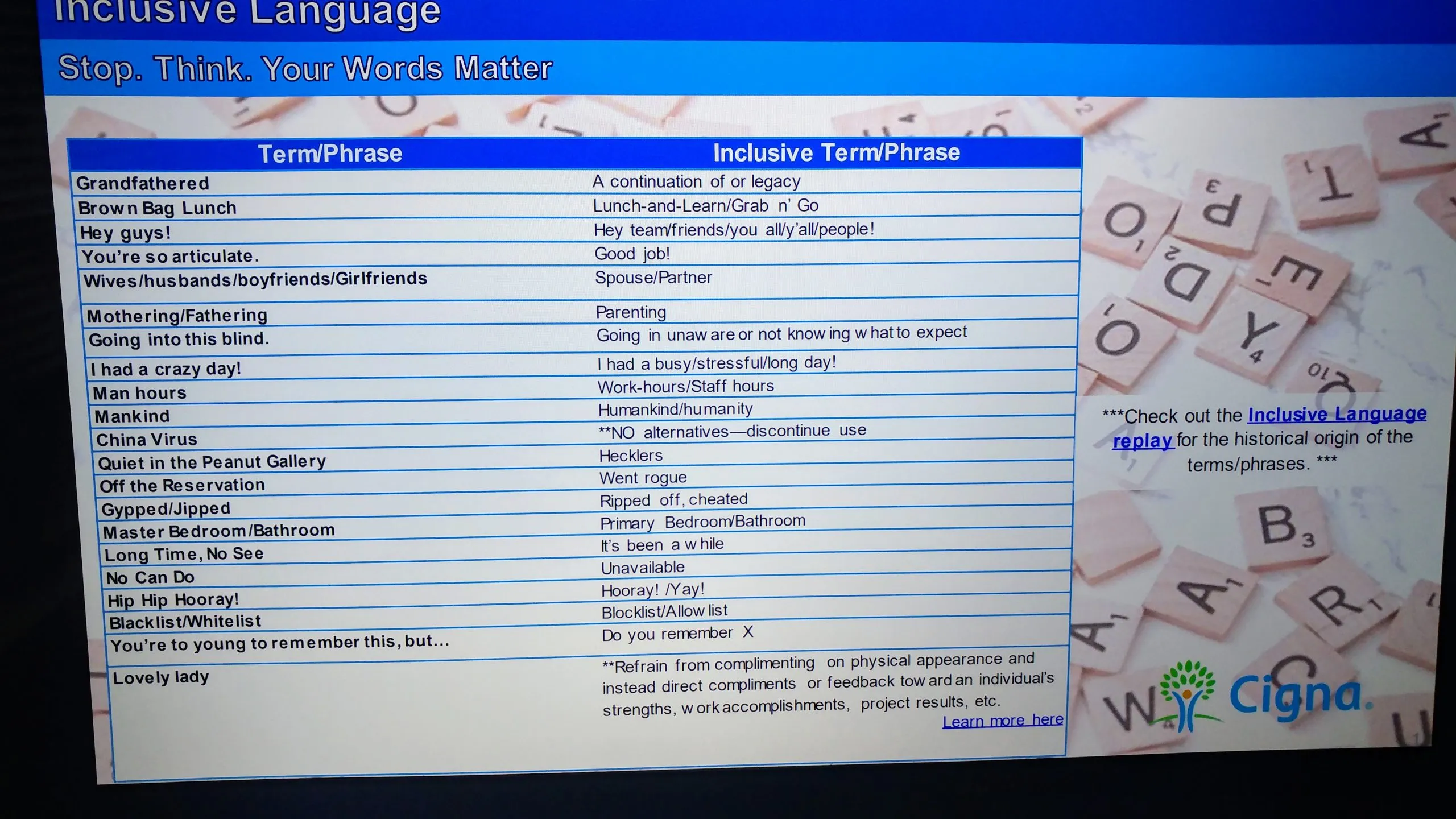 Cigna inclusive language