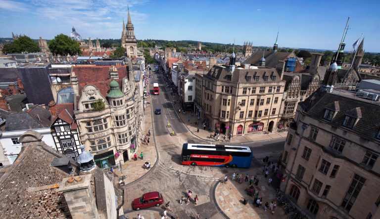 The city of Oxford in the United Kingdom is seen at a high angle in this photo.