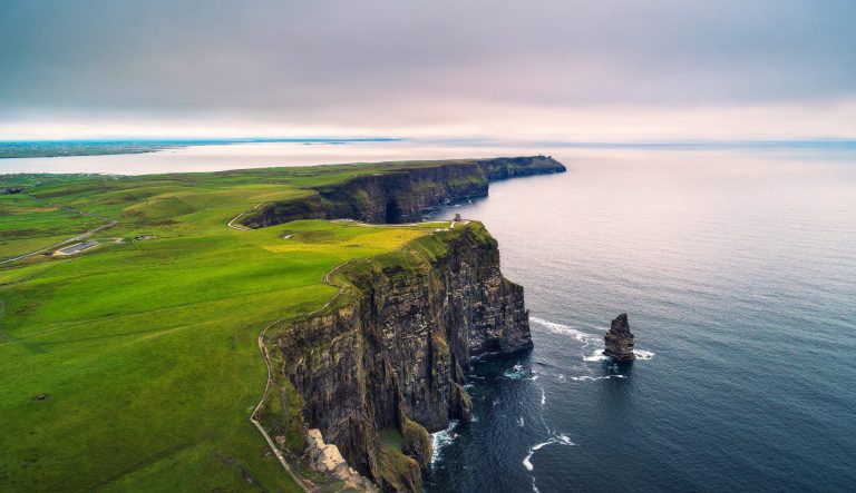 Aerial view of the scenic Cliffs of Moher in Ireland. 