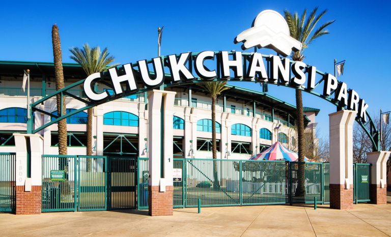 March 6, 2015: Chukchansi park entrance gate with stadium in Fresno, California.