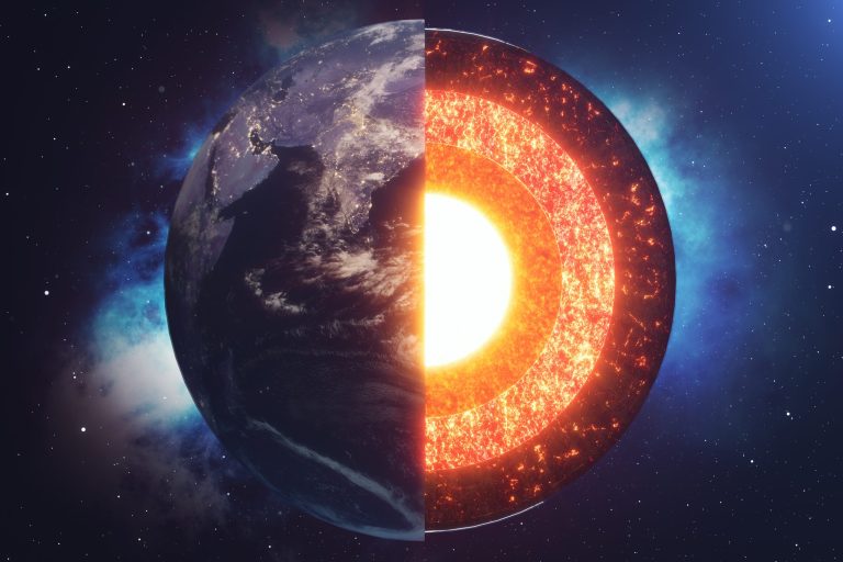 A diagram displays the structure and layers of Earth in space.
