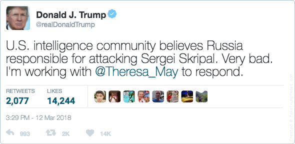 Fake tweet by President Trump saying, "U.S. intelligence community believes Russia responsible for attacking Sergei Skripal. Very bad. I'm working with Theresa May to respond."