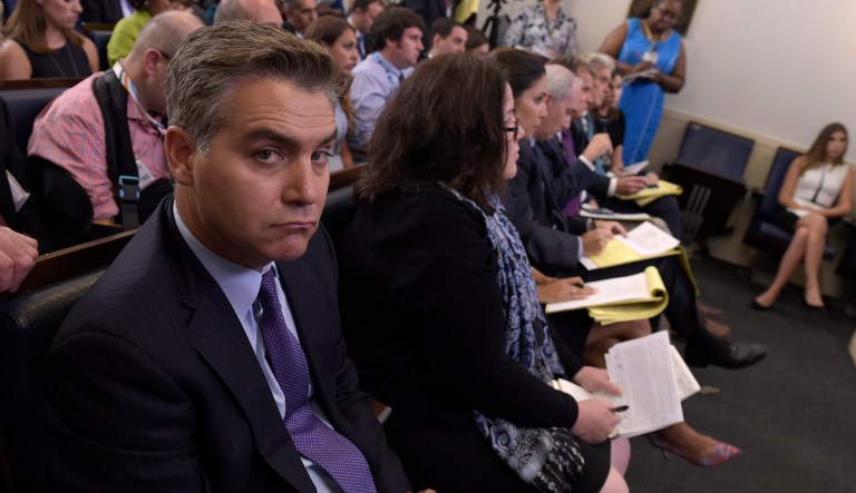 Jim Acosta of CNN listens during the daily briefing at the White House in Washington, Wednesday, Aug. 2, 2017.