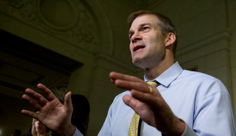 Freedom  Caucus Chairman and member of the House Select Committee on Benghazi Rep. Jim Jordan, R-Ohio, is interviewed at the conclusion of the hearing on Capitol Hill in Washington, Thursday, Oct. 22, 2015.