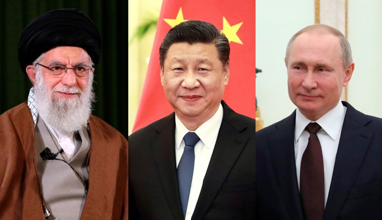 From left to right: Ayatollah Ali Khamenei of Iran, President Xi Jinping of China, and President Vladimir Putin of Russia.