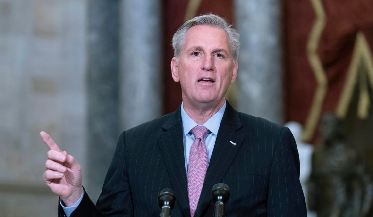 Speaker of the House Kevin McCarthy, R-Calif., speaks during a news conference in Statuary Hall at the Capitol in Washington, Thursday, Jan. 12, 2023.