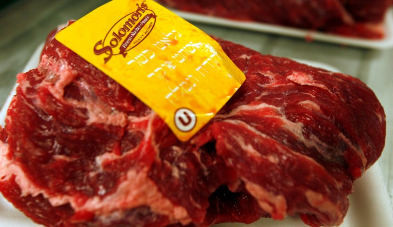 A cut of kosher meat sits ready to be wrapped at South Florida Kosher, a butcher shop in North Miami Beach, Fla., Tuesday, Nov. 25, 2008. Agriprocessors, the nation's largest kosher slaughterhouse, stopped shipping beef about three weeks ago, chicken in the last week. The shutdown has cut the kosher food world to the bone. Other processors have been swamped with orders, boosting the number of days they produce kosher meat or refusing to take new clients.