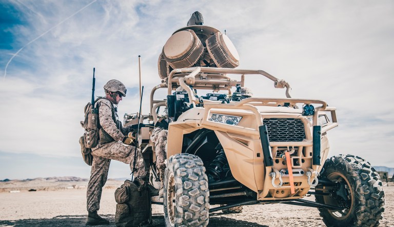 1st Lt. Taylor Barefoot, a low altitude air defense officer with Marine Medium Tiltrotor Squadron 163 (Reinforced), 11th Marine Expeditionary Unit, programs a counter-unmanned aircraft system on a Light Marine Air Defense Integrated System (LMADIS) during a predeployment training exercise.