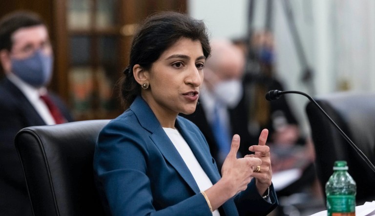 FTC Commissioner Lina M. Khan testifies during a Senate Commerce, Science, and Transportation Committee nomination hearing on Wednesday, April 21, 2021, on Capitol Hill in Washington.