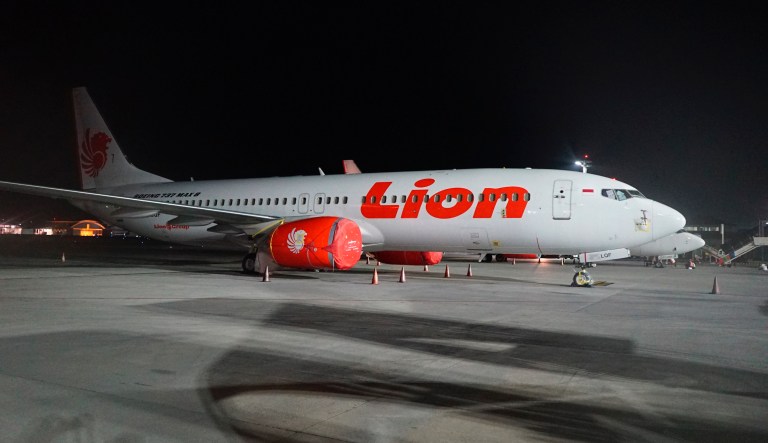 This April 13, 2019, photo shows Lion Air's Boeing 737 Max 8 on the tarmac at Ngurah Rai International Airport in Bali, Indonesia.