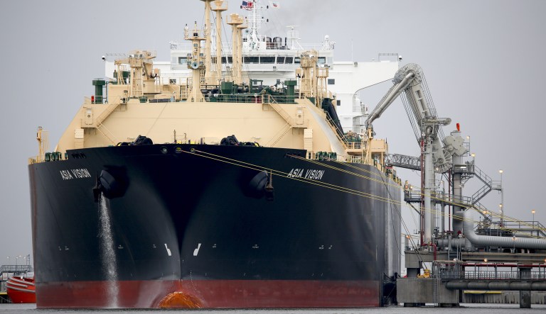 The Asia Vision LNG carrier ship sits docked at a terminal in Sabine Pass, Texas, U.S., on Monday, Feb. 22, 2016.
