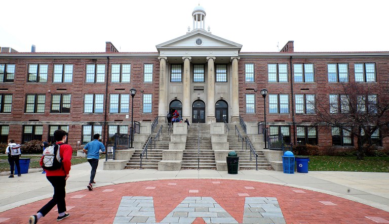 Outrage was growing among members of Madison, Wis.' black community after West High School security guard Marlon Anderson was fired for what he said was explicitly telling a student not to call him the "N-word" after the student repeatedly called him the slur. The school is pictured in a Monday, Nov. 12, 2018 file photo.