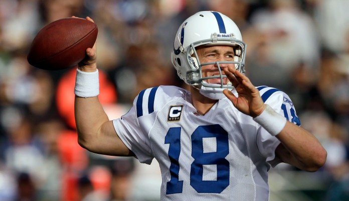 Indianapolis Colts quarterback Peyton Manning (18) passes against the Oakland Raiders in the third quarter of an NFL football game in Oakland, Calif., Sunday, Dec. 26, 2010.