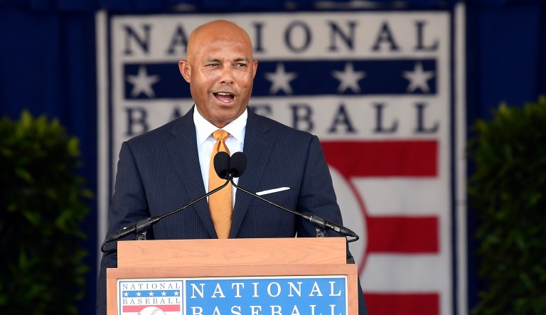 National Baseball Hall of Fame inductee Mariano Rivera, New York Yankees pitcher speaks during an induction ceremony at the Clark Sports Center on Sunday, July 21, 2019, in Cooperstown, N.Y.