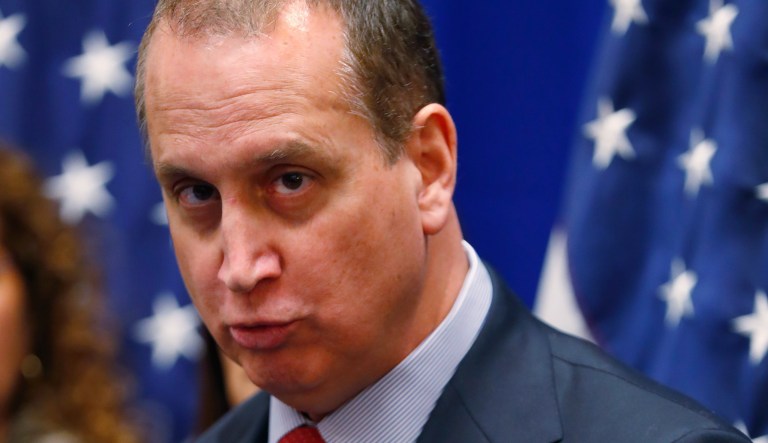 Representative Mario Diaz-Balart, R-FL, speaks during a news conference after a roundtable discussion with Secretary of State Mike Pompeo, Florida Governor Ron DeSantis and Venezuelan exiles, Thursday, Jan. 23, 2020, in Miami.