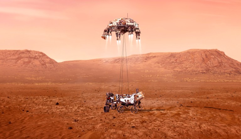 This illustration provided by NASA shows the Perseverance rover, bottom, landing on Mars. Hundreds of critical events must execute perfectly and exactly on time for the rover to land safely on Feb. 18, 2021. Entry, Descent, and Landing, or "EDL," begins when the spacecraft reaches the top of the Martian atmosphere, traveling nearly 12,500 mph (20,000 kph). EDL ends about seven minutes after atmospheric entry, with Perseverance stationary on the Martian surface.
