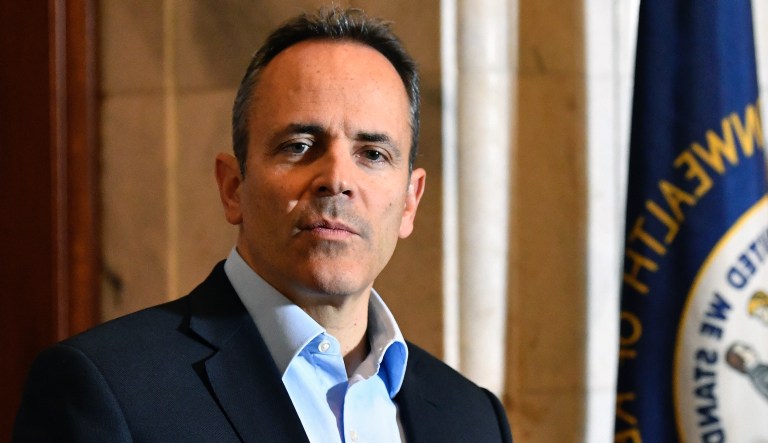 Republican Kentucky Governor Matt Bevin speaks with reporters as he conceded the gubernatorial race to democrat Andy Beshear in Frankfort, Ky., Thursday, Nov. 14, 2019.