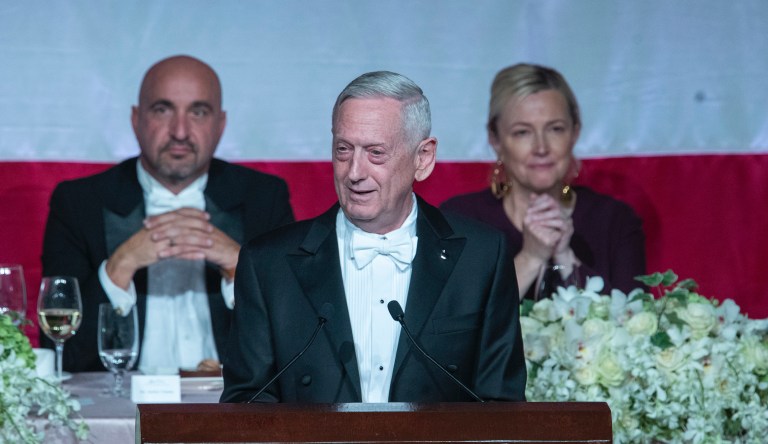 Former U.S. Secretary of Defense Jim Mattis, center, delivers the keynote address during the 74th Annual Alfred E. Smith Memorial Foundation Dinner, Thursday, Oct. 17, 2019, in New York. 