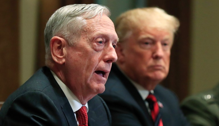 From left, Defense Secretary Jim Mattis with President Donald Trump, Chairman of the Joint Chiefs of Staff Gen. Joseph Dunford and Marine Corps Commandant Gen. Robert Neller, speaks during a briefing with senior military leaders in the Cabinet Room at the White House in Washington, Tuesday, Oct. 23, 2018.