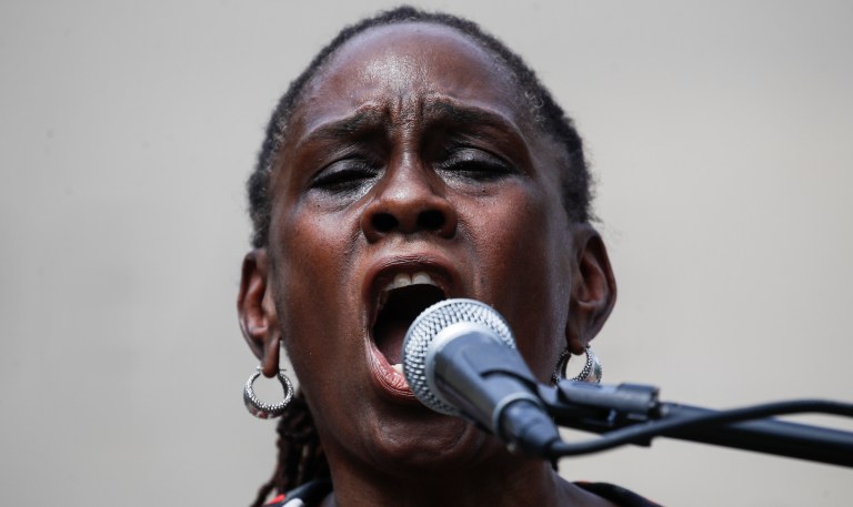 Chirlane McCray, wife of New York City Mayor Bill de Blasio, speaks at a memorial for George Floyd, at Cadman Plaza Park in the Brooklyn borough of New York, on Thursday, June 4, 2020. Floyd, an African American man, died on May 25 after a white Minneapolis police officer pressed a knee into his neck for several minutes even after he stopped moving and pleading for air.  