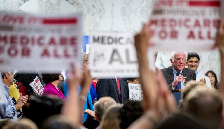 Sen. Bernie Sanders, I-Vt., right, speaks at a news conference on Capitol Hill in Washington, Wednesday, Sept. 13, 2017, to unveil Medicare for All legislation to reform health care.