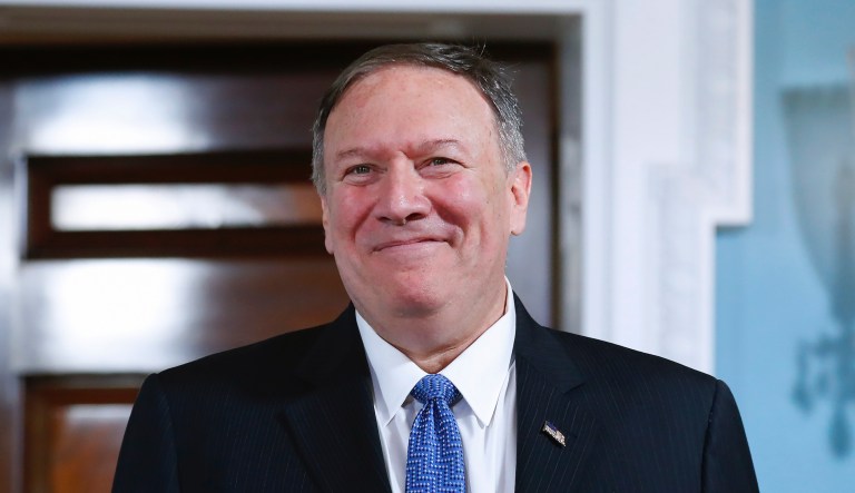 U.S. Secretary of State Mike Pompeo speaks to the press after attending the U.N. Security Council at United Nations Headquarters Saturday, Jan. 26, 2019. Pompeo encouraged the council to recognize Juan Guaido as the constitutional interim president of Venezuela.