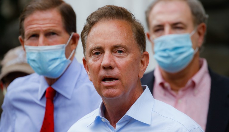 In this Aug. 7, 2020 file photo, Connecticut Gov. Ned Lamont addresses the media in Westport, Conn. During a Coronavirus briefing on Thursday, August, 20, 2020, Lamont said he Connecticut Department of Labor will be applying for a federal program that could lead to $300 in additional weekly unemployment benefits for certain recipients who've lost work because of the coronavirus pandemic.